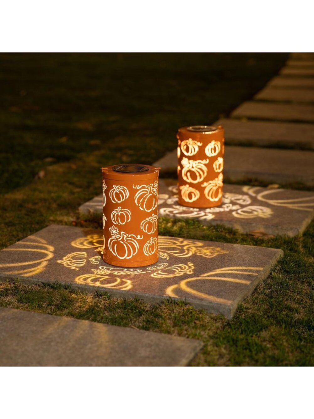 Set of 2 Fall Metal Pumpkin Lanterns - Solar Powered LED Decor for Halloween